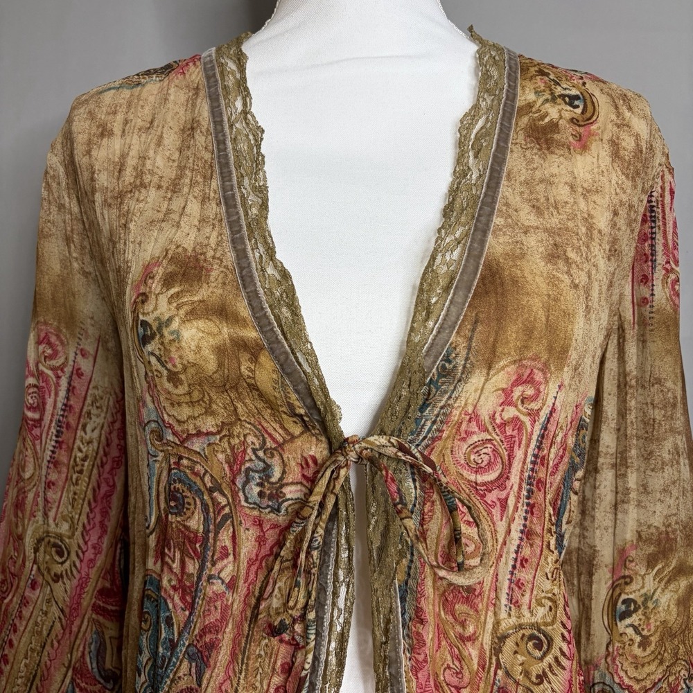 Vintage Piano Y2K Tie Front Blouse L Brown Pink Paisley Fairy Boho Festival Top - Picture 6 of 10